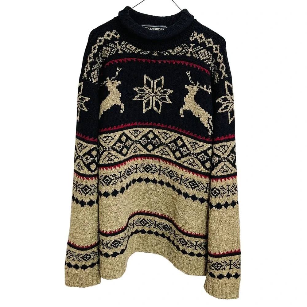 Vintage 90s Polo Sport Ralph Lauren Knit Wool Silk Fair Isle Reindeer Sweater L‎